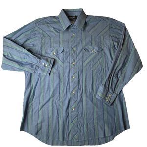 Wrangler Mens Cowboy Cut Western Pearl Snap Striped 17x34 Xtra Long Tails Blue